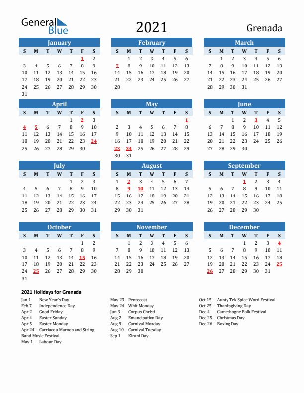 Printable Calendar 2021 with Grenada Holidays (Sunday Start)