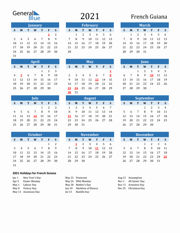 Printable Calendar 2021 with French Guiana Holidays (Sunday Start)