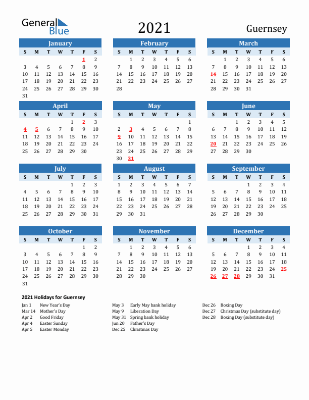 Printable Calendar 2021 with Guernsey Holidays (Sunday Start)