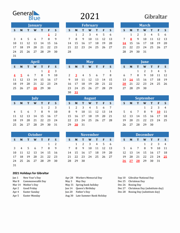 Printable Calendar 2021 with Gibraltar Holidays (Sunday Start)