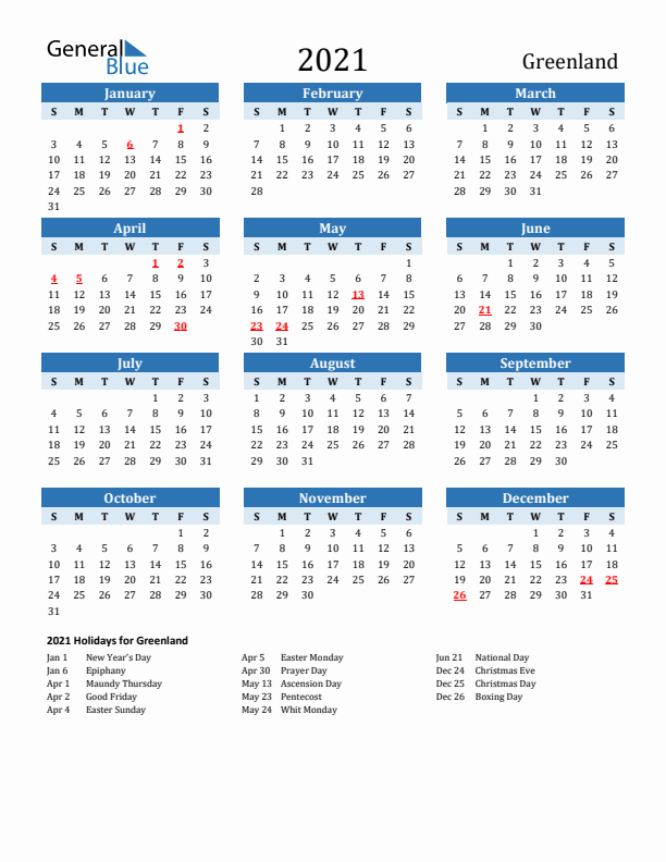 Printable Calendar 2021 with Greenland Holidays (Sunday Start)