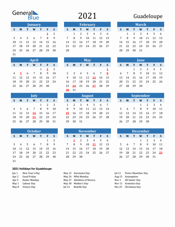 Printable Calendar 2021 with Guadeloupe Holidays (Sunday Start)
