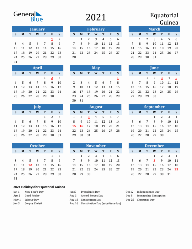 Printable Calendar 2021 with Equatorial Guinea Holidays (Sunday Start)