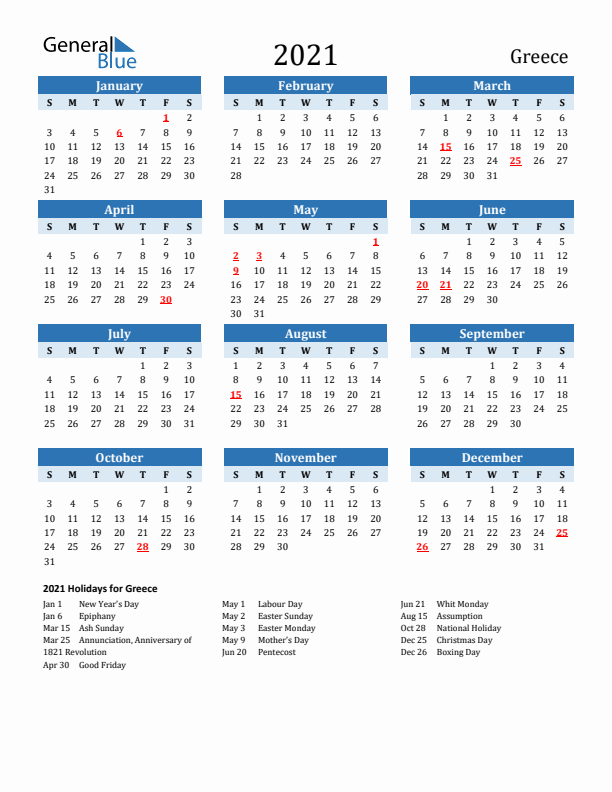 Printable Calendar 2021 with Greece Holidays (Sunday Start)
