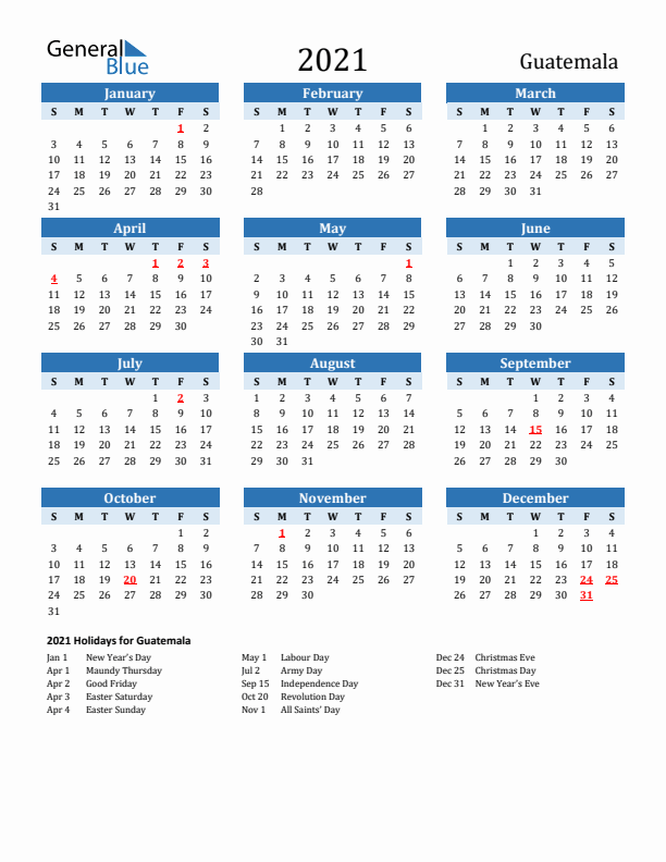 Printable Calendar 2021 with Guatemala Holidays (Sunday Start)