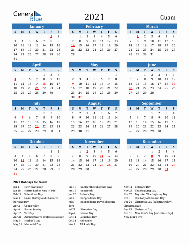Printable Calendar 2021 with Guam Holidays (Sunday Start)