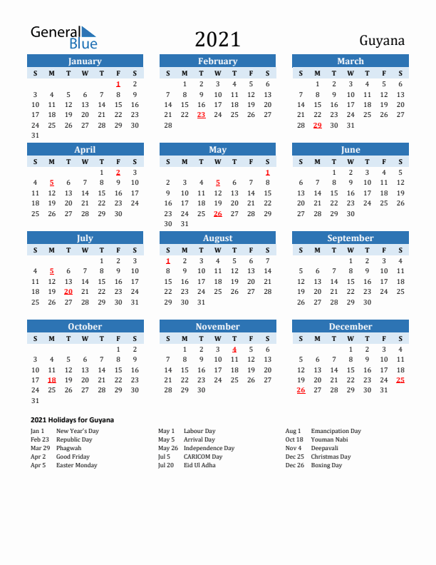 Printable Calendar 2021 with Guyana Holidays (Sunday Start)