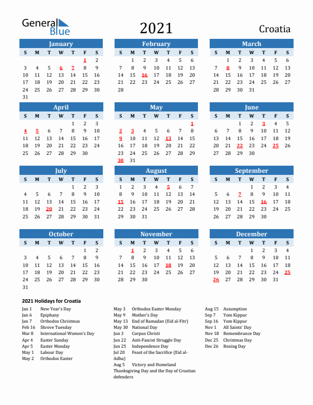 Printable Calendar 2021 with Croatia Holidays (Sunday Start)
