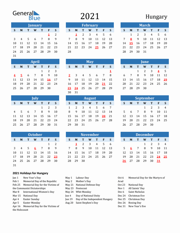 Printable Calendar 2021 with Hungary Holidays (Sunday Start)