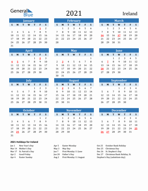 Printable Calendar 2021 with Ireland Holidays (Sunday Start)