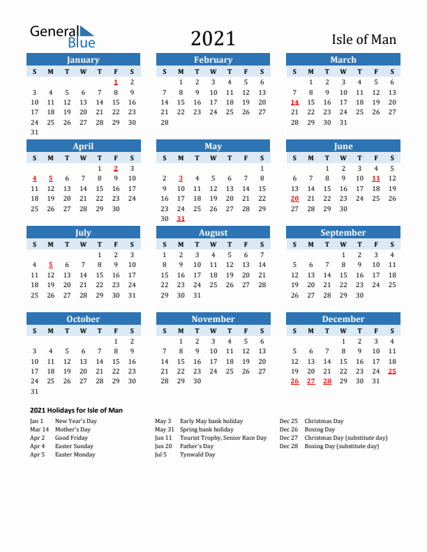 Printable Calendar 2021 with Isle of Man Holidays (Sunday Start)