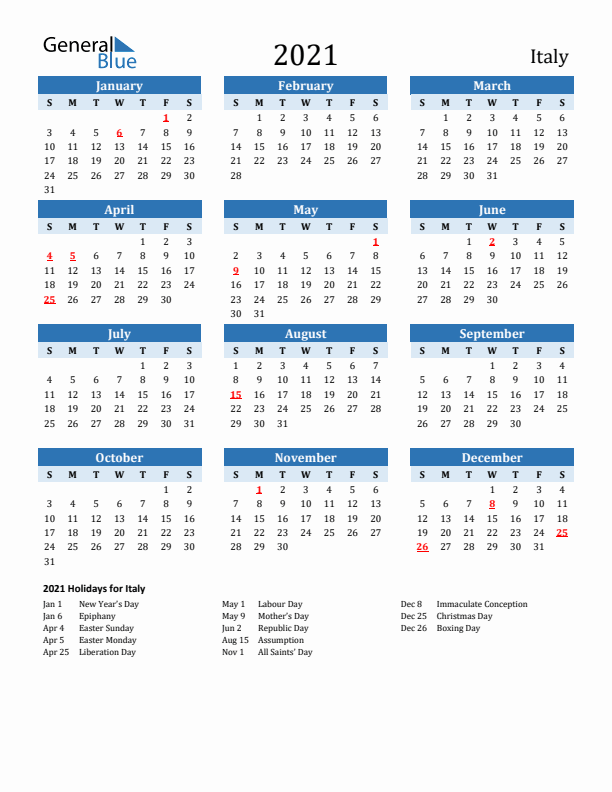 Printable Calendar 2021 with Italy Holidays (Sunday Start)