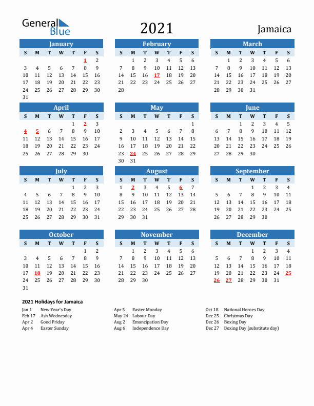 Printable Calendar 2021 with Jamaica Holidays (Sunday Start)