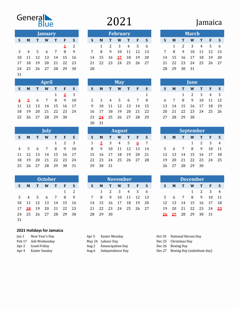 2021 Printable Calendar with Jamaica Holidays