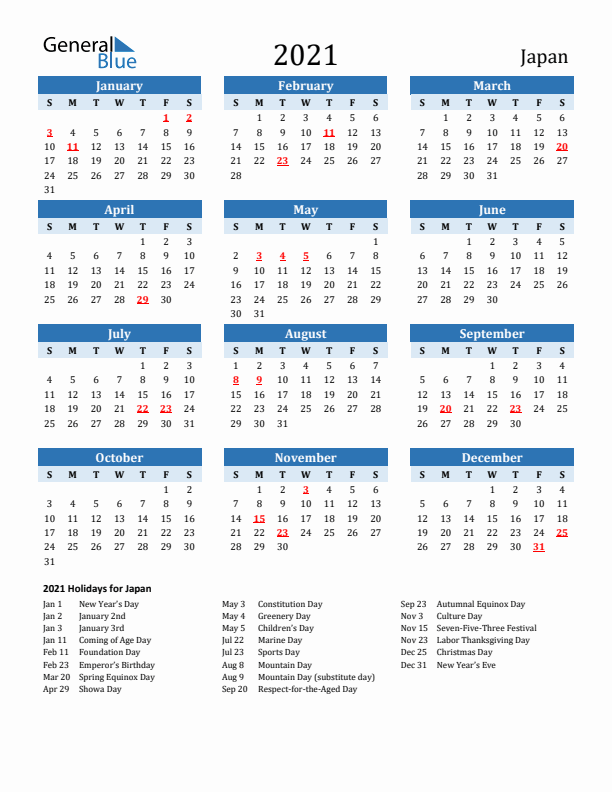 Printable Calendar 2021 with Japan Holidays (Sunday Start)