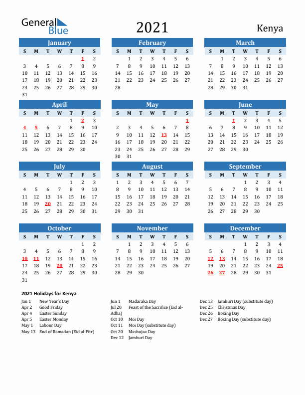 Printable Calendar 2021 with Kenya Holidays (Sunday Start)