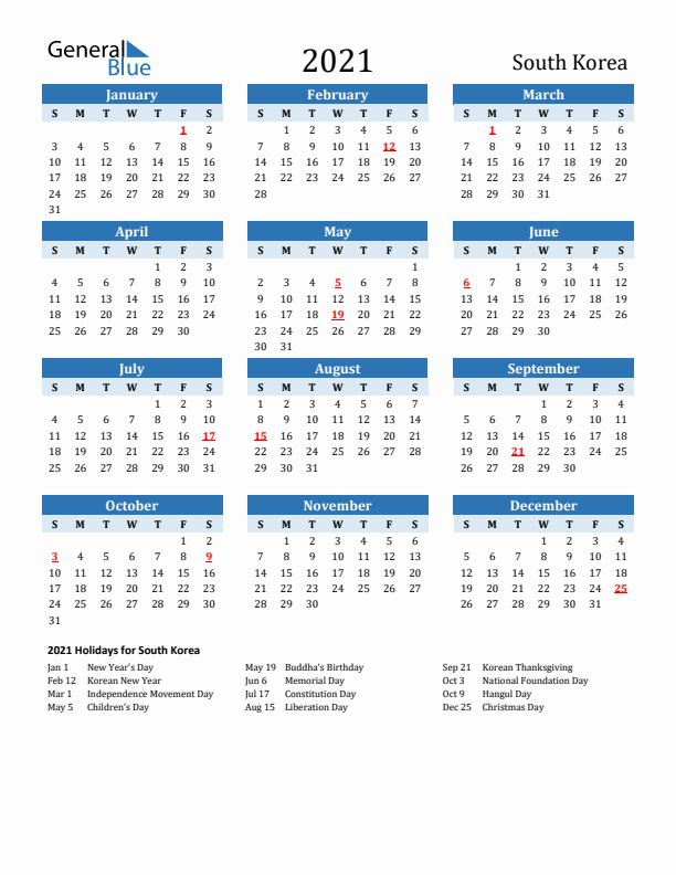 Printable Calendar 2021 with South Korea Holidays (Sunday Start)