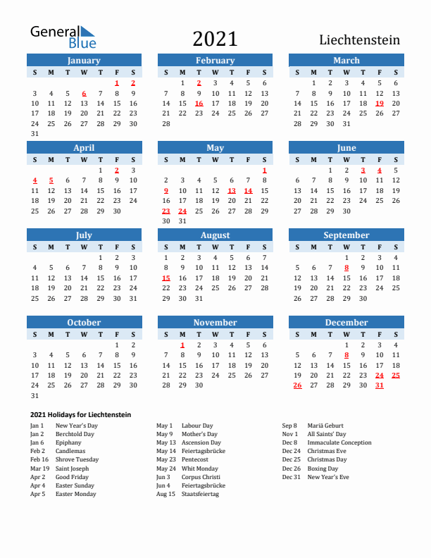 Printable Calendar 2021 with Liechtenstein Holidays (Sunday Start)
