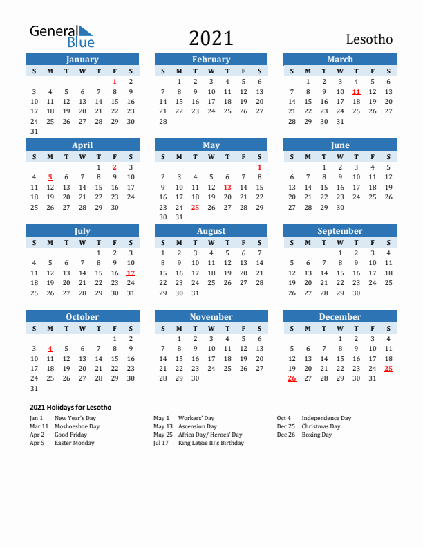 Printable Calendar 2021 with Lesotho Holidays (Sunday Start)