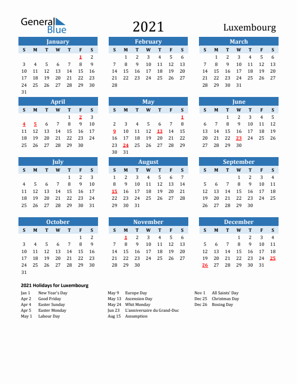 Printable Calendar 2021 with Luxembourg Holidays (Sunday Start)