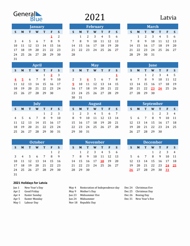 Printable Calendar 2021 with Latvia Holidays (Sunday Start)