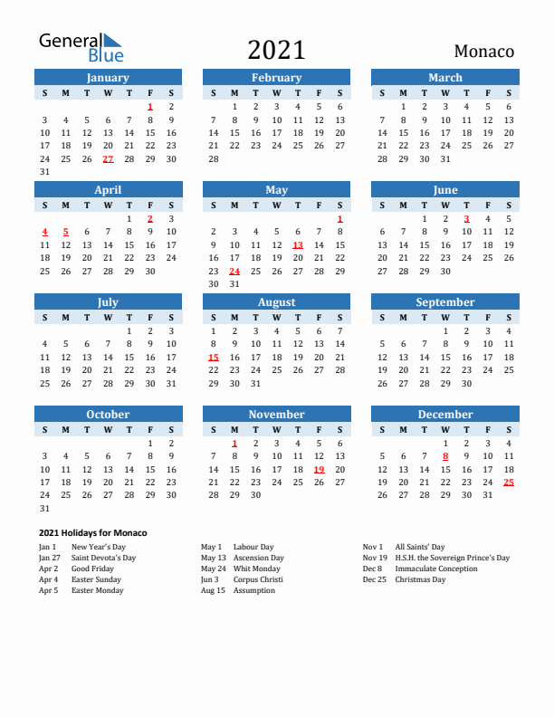 Printable Calendar 2021 with Monaco Holidays (Sunday Start)