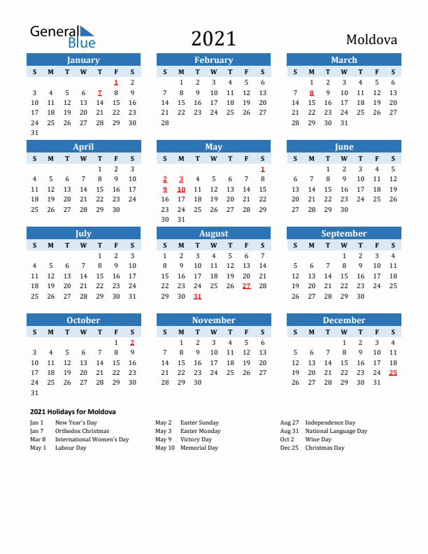 Printable Calendar 2021 with Moldova Holidays (Sunday Start)