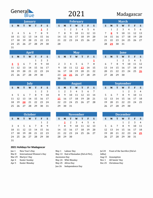 Printable Calendar 2021 with Madagascar Holidays (Sunday Start)