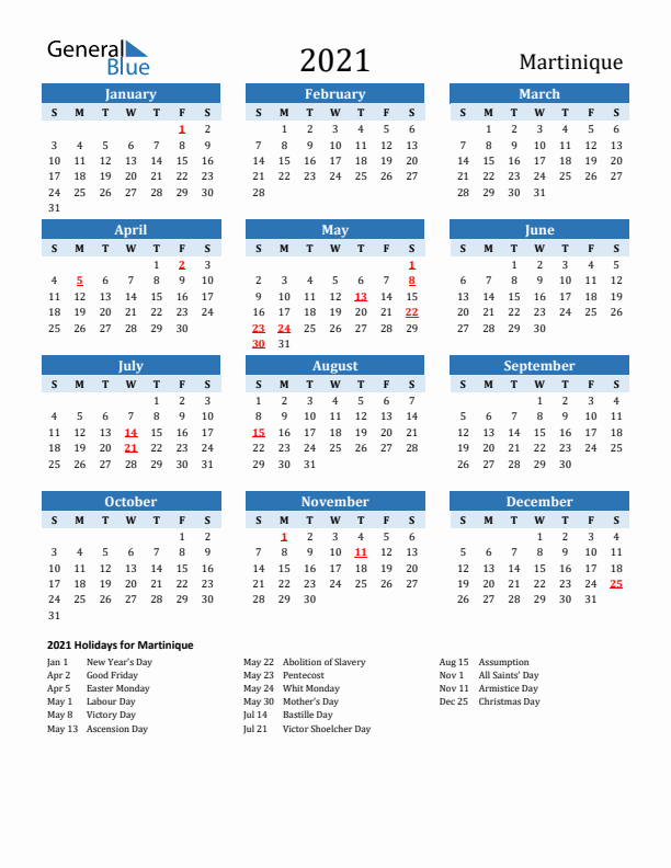 Printable Calendar 2021 with Martinique Holidays (Sunday Start)