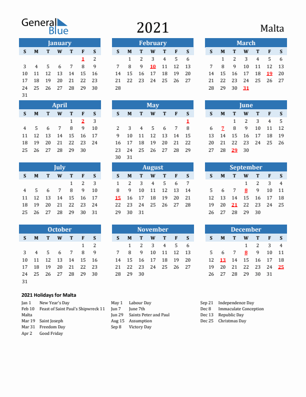 Printable Calendar 2021 with Malta Holidays (Sunday Start)