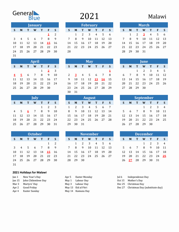 Printable Calendar 2021 with Malawi Holidays (Sunday Start)