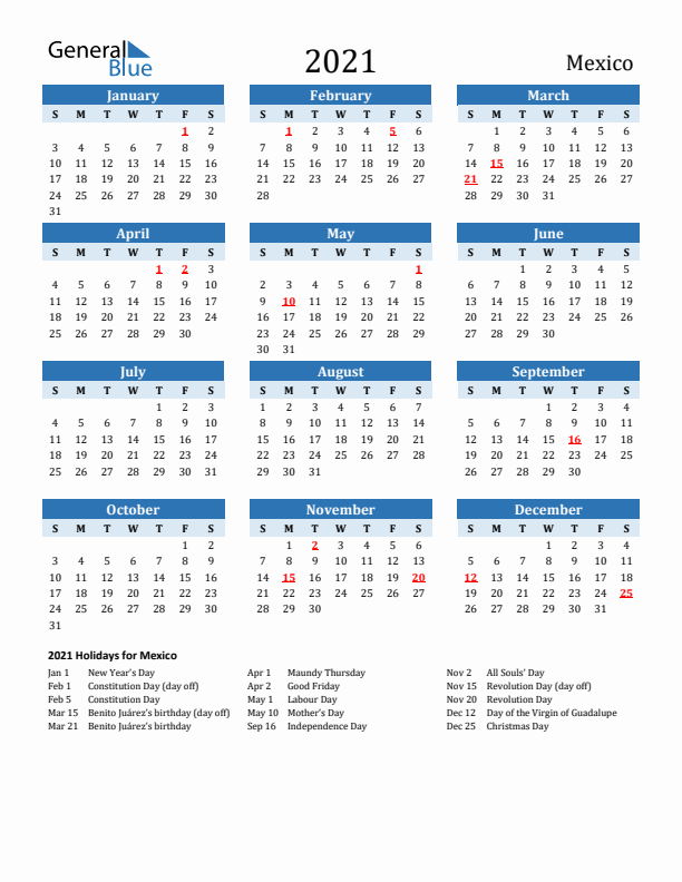 Printable Calendar 2021 with Mexico Holidays (Sunday Start)