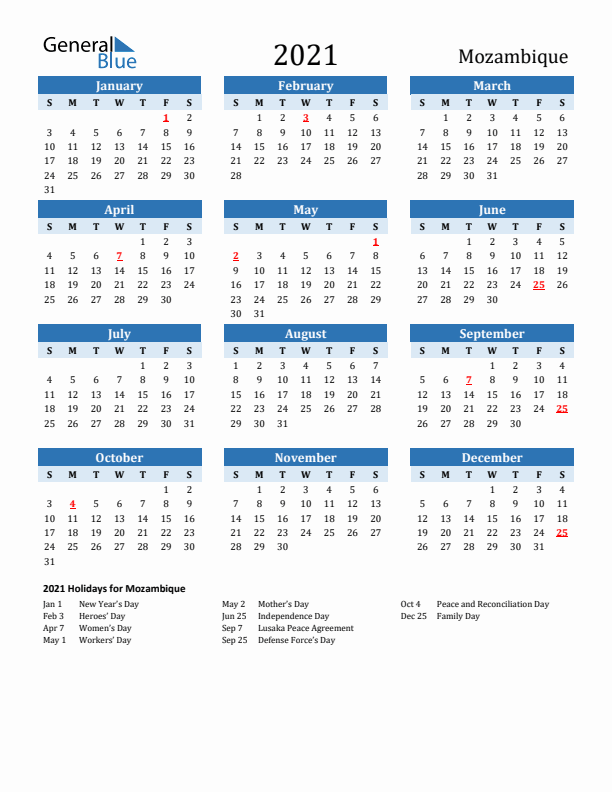 Printable Calendar 2021 with Mozambique Holidays (Sunday Start)