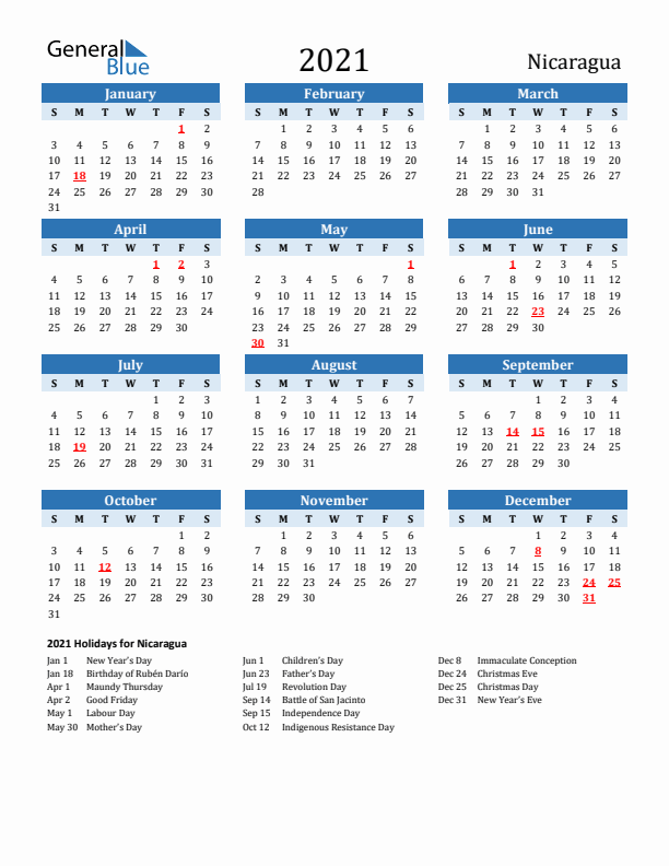 Printable Calendar 2021 with Nicaragua Holidays (Sunday Start)