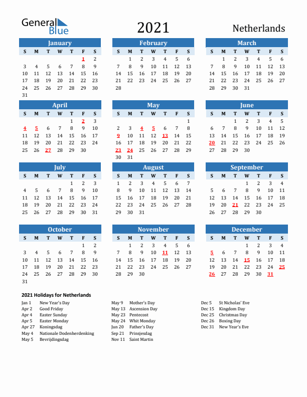Printable Calendar 2021 with Netherlands Holidays (Sunday Start)