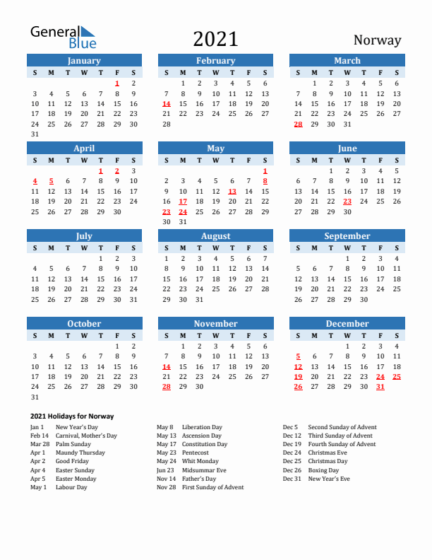 Printable Calendar 2021 with Norway Holidays (Sunday Start)