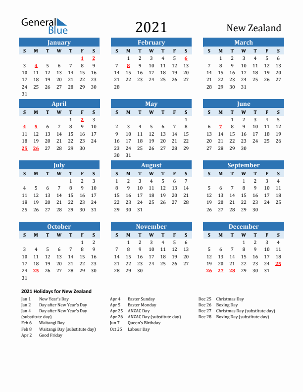 Printable Calendar 2021 with New Zealand Holidays (Sunday Start)