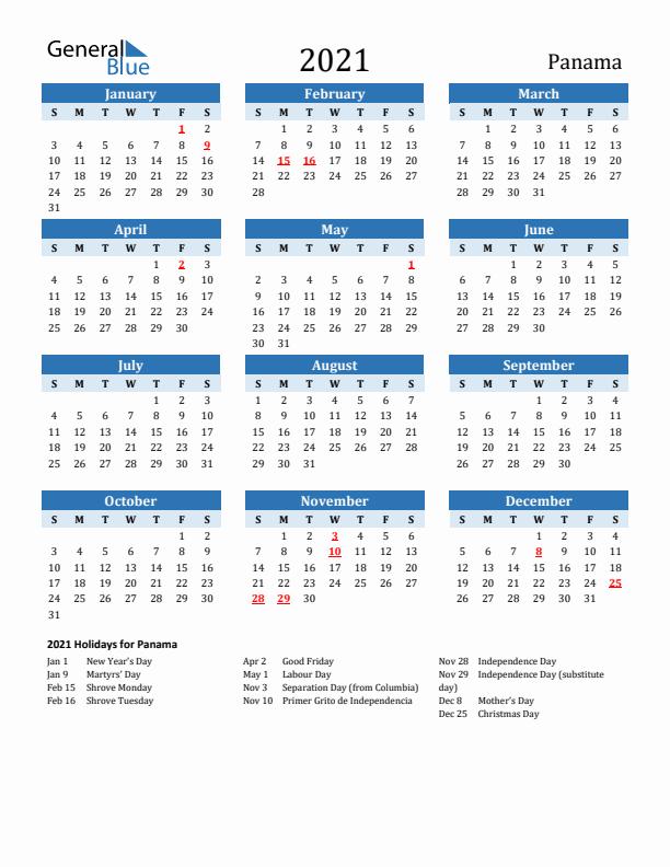 Printable Calendar 2021 with Panama Holidays (Sunday Start)