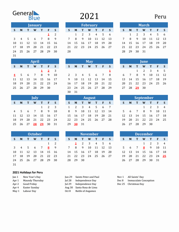 Printable Calendar 2021 with Peru Holidays (Sunday Start)