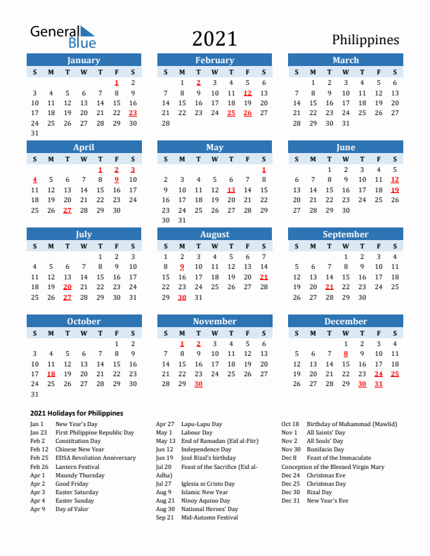 Printable Calendar 2021 with Philippines Holidays (Sunday Start)