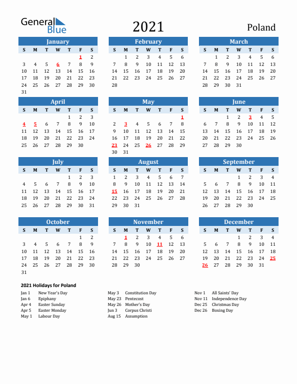 Printable Calendar 2021 with Poland Holidays (Sunday Start)