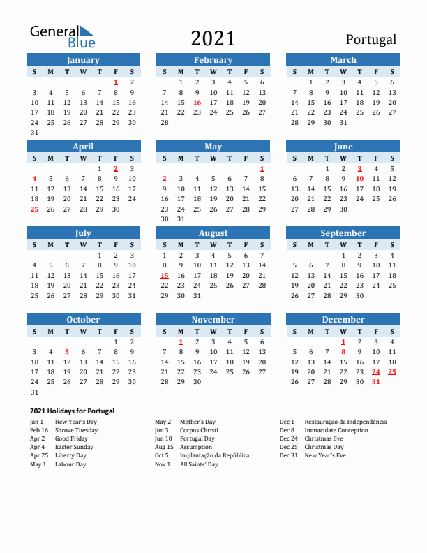 Printable Calendar 2021 with Portugal Holidays (Sunday Start)