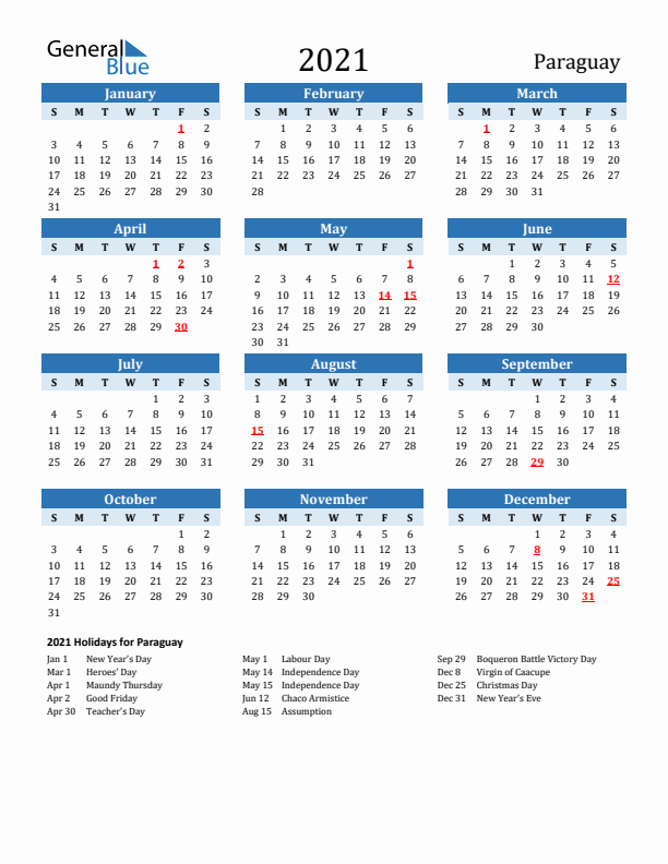 Printable Calendar 2021 with Paraguay Holidays (Sunday Start)