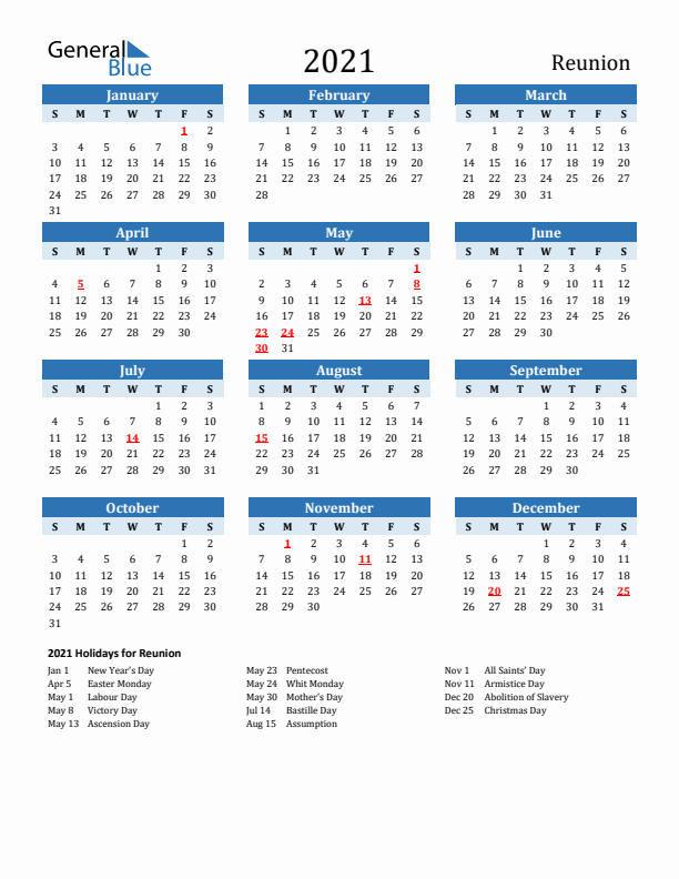 Printable Calendar 2021 with Reunion Holidays (Sunday Start)