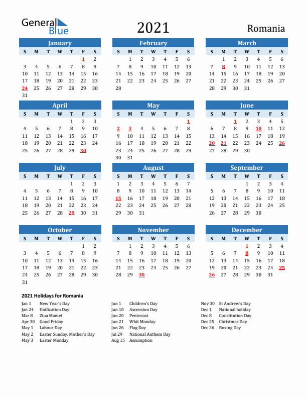 Printable Calendar 2021 with Romania Holidays (Sunday Start)