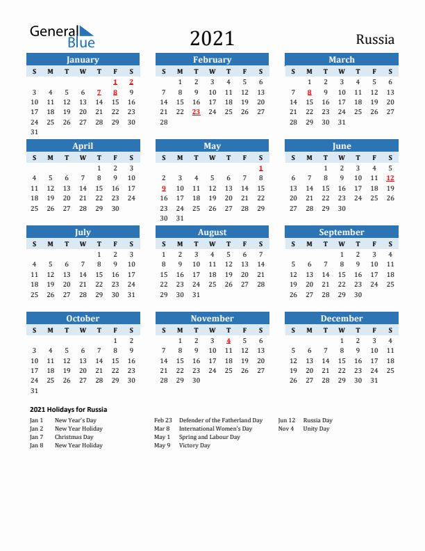 Printable Calendar 2021 with Russia Holidays (Sunday Start)