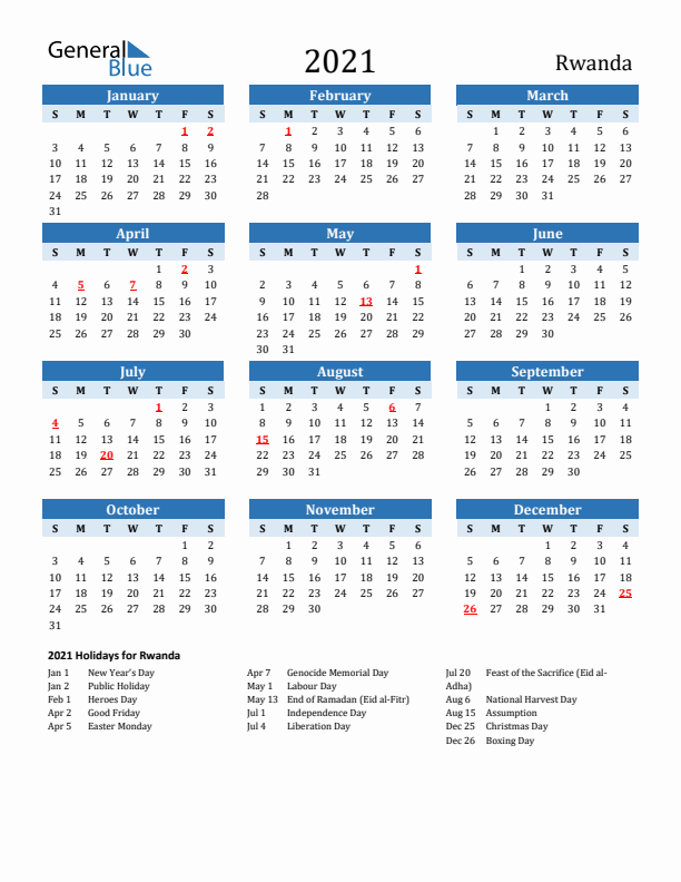 Printable Calendar 2021 with Rwanda Holidays (Sunday Start)