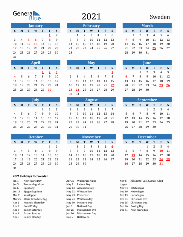 Printable Calendar 2021 with Sweden Holidays (Sunday Start)