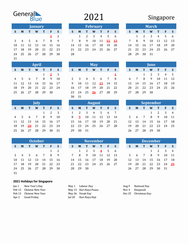 Printable Calendar 2021 with Singapore Holidays (Sunday Start)
