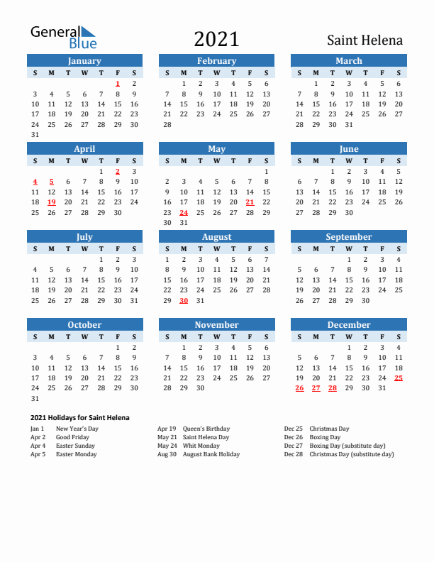 Printable Calendar 2021 with Saint Helena Holidays (Sunday Start)